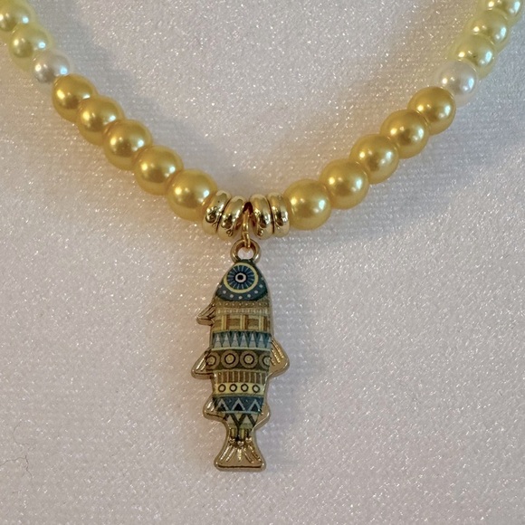 Beaded Necklace w/ Blue Fish Pendant – Yellow & White Beads - Picture 2 of 4